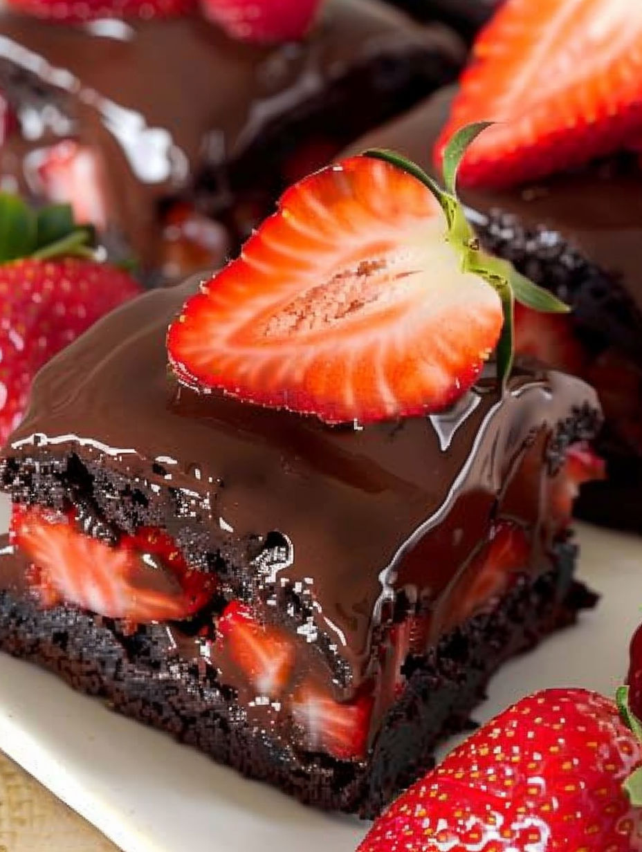 A close up of a chocolate covered strawberry brownie.