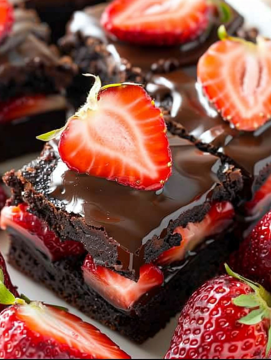 A close up of a chocolate covered strawberry brownie.