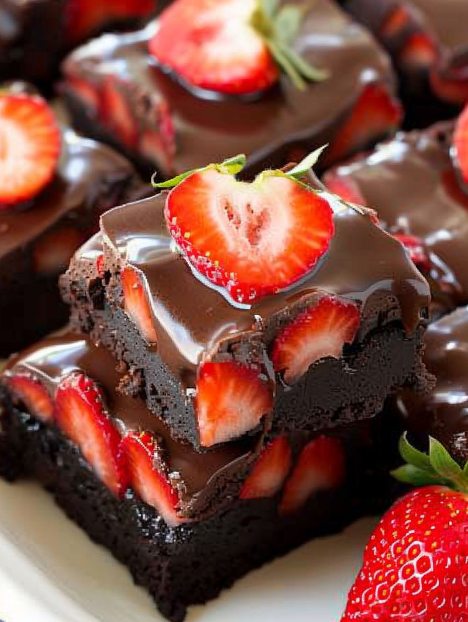 A close up of a chocolate covered strawberry brownie.