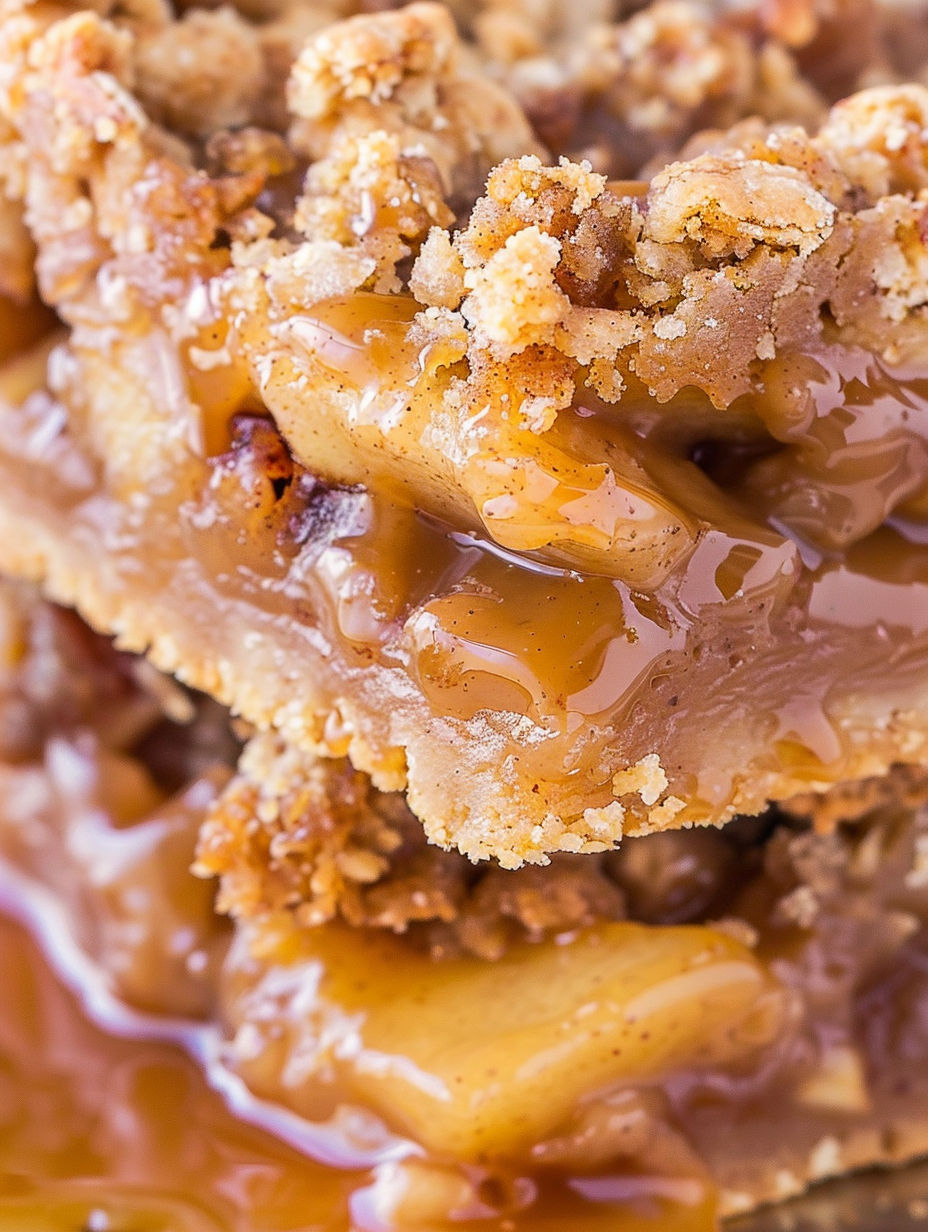 Caramel apple bars with a brown sauce.