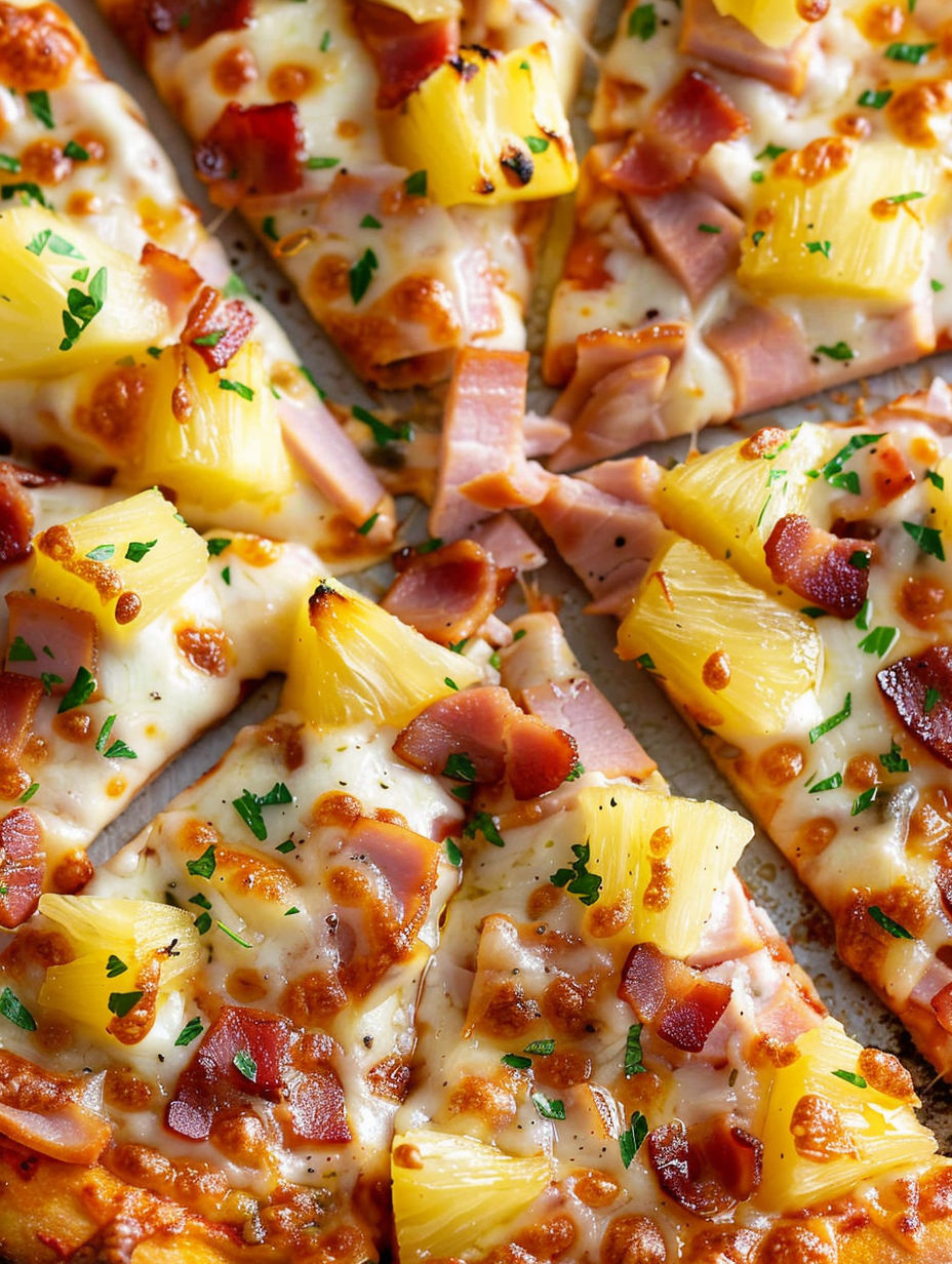 A slice of pizza with ham and pineapple.