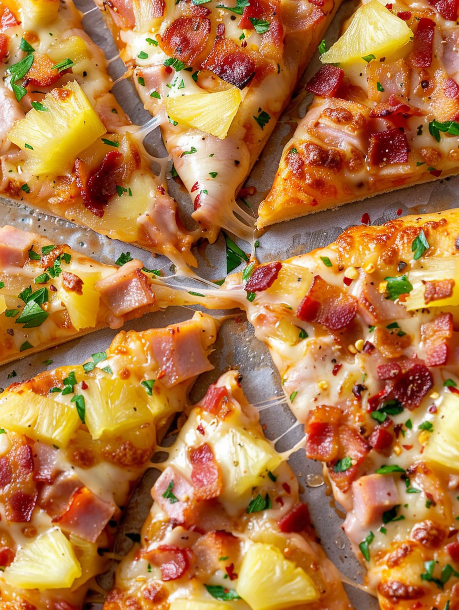 A slice of pizza with ham and pineapple.