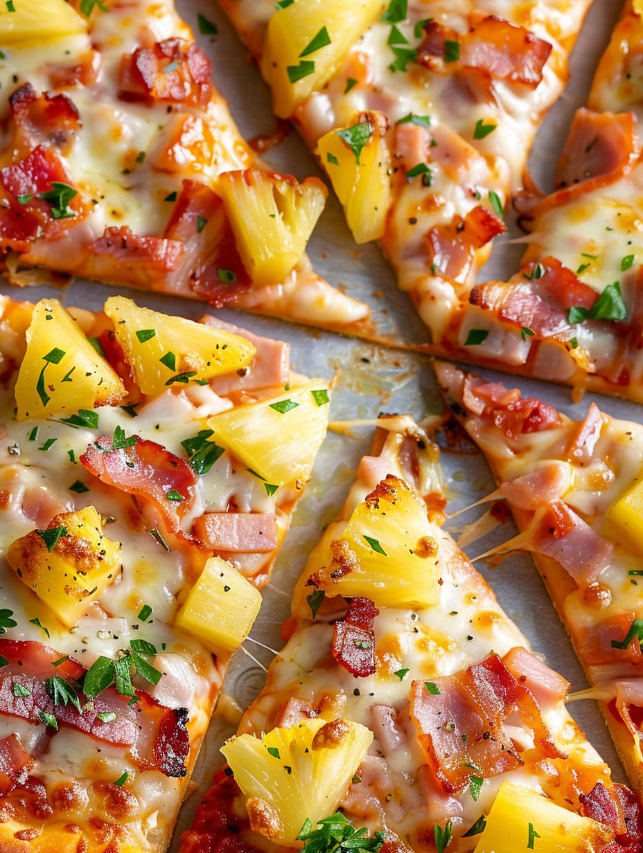 A slice of pizza with ham and pineapple.