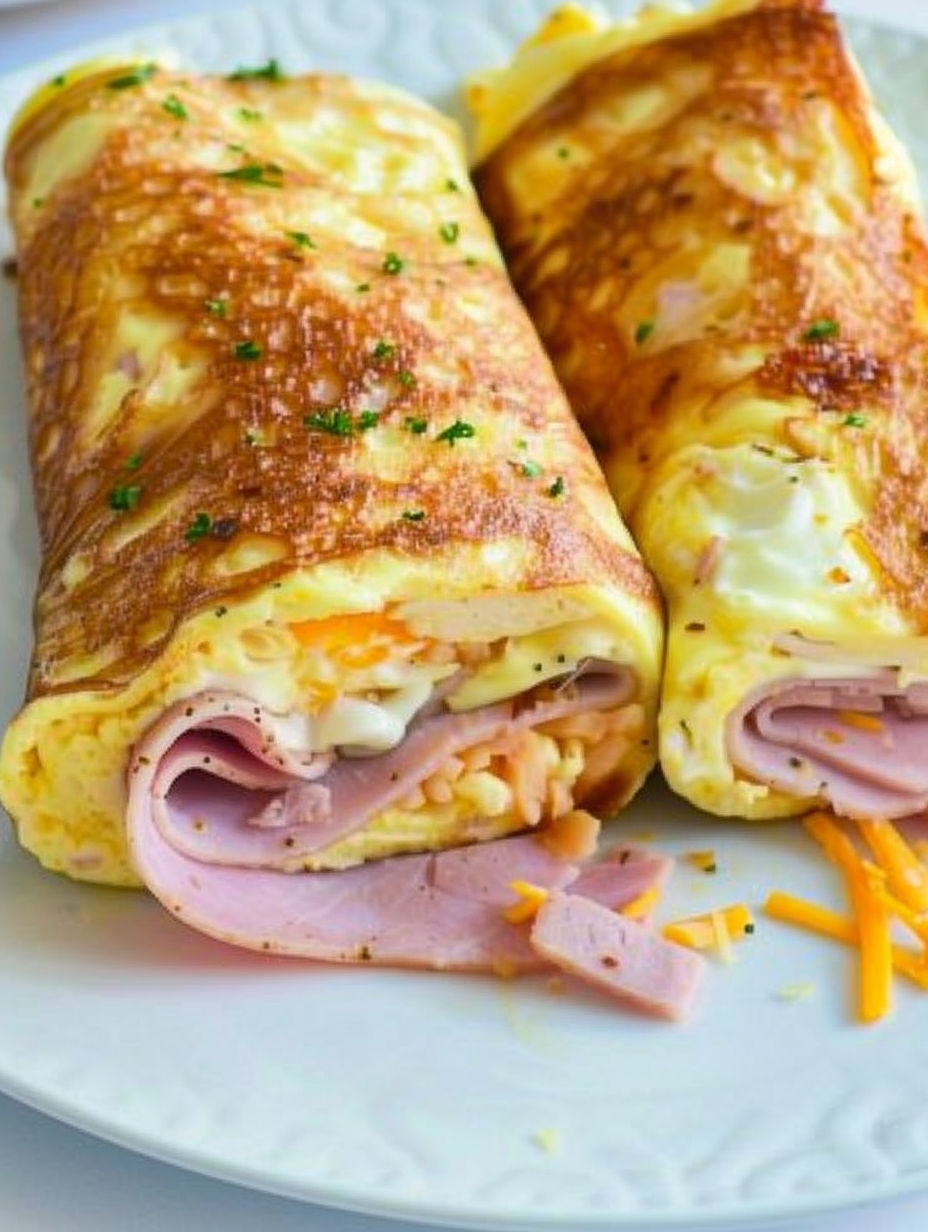 Two low carb breakfast roll ups with ham and cheese.