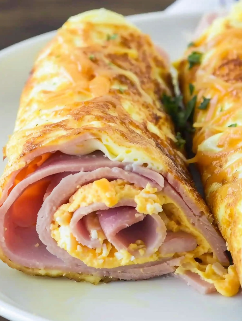 A low carb breakfast roll up with ham and cheese.