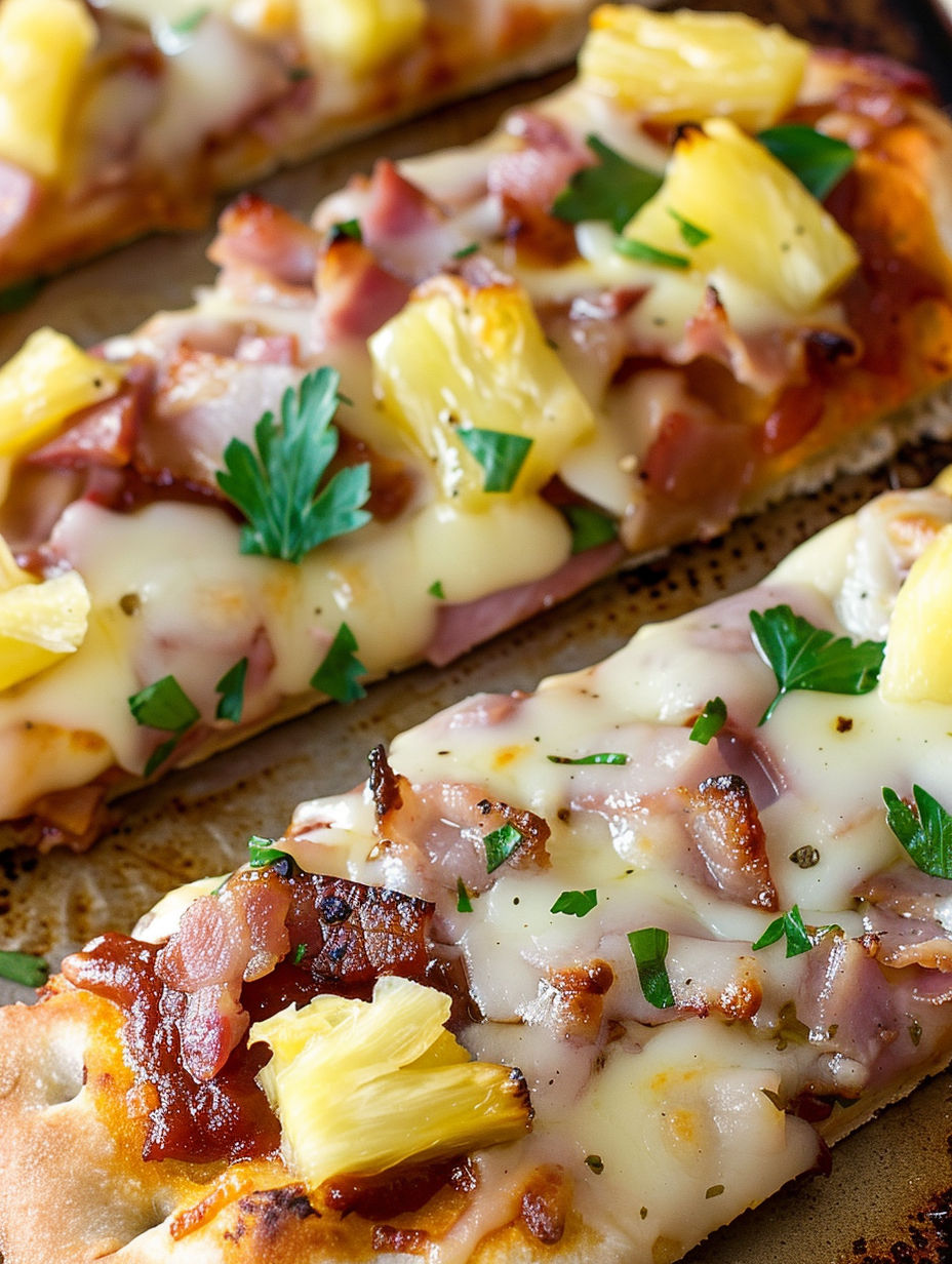 Two slices of BBQ Hawaiian flatbread pizza.