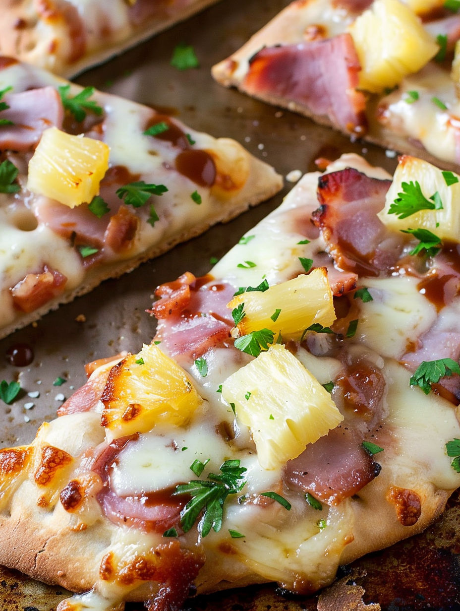 A close up of a pizza with pineapple and ham.