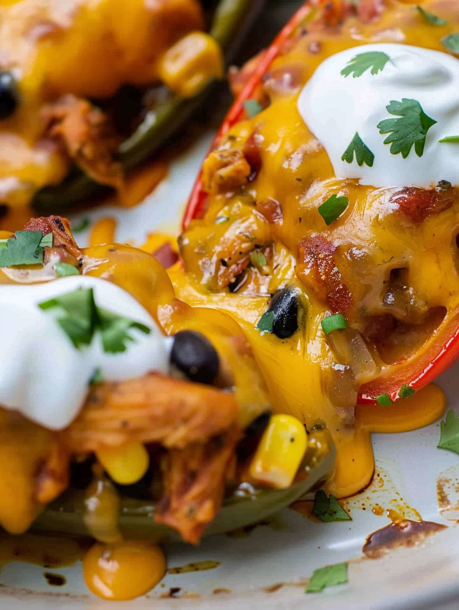 A plate of stuffed peppers with cheese and sour cream.