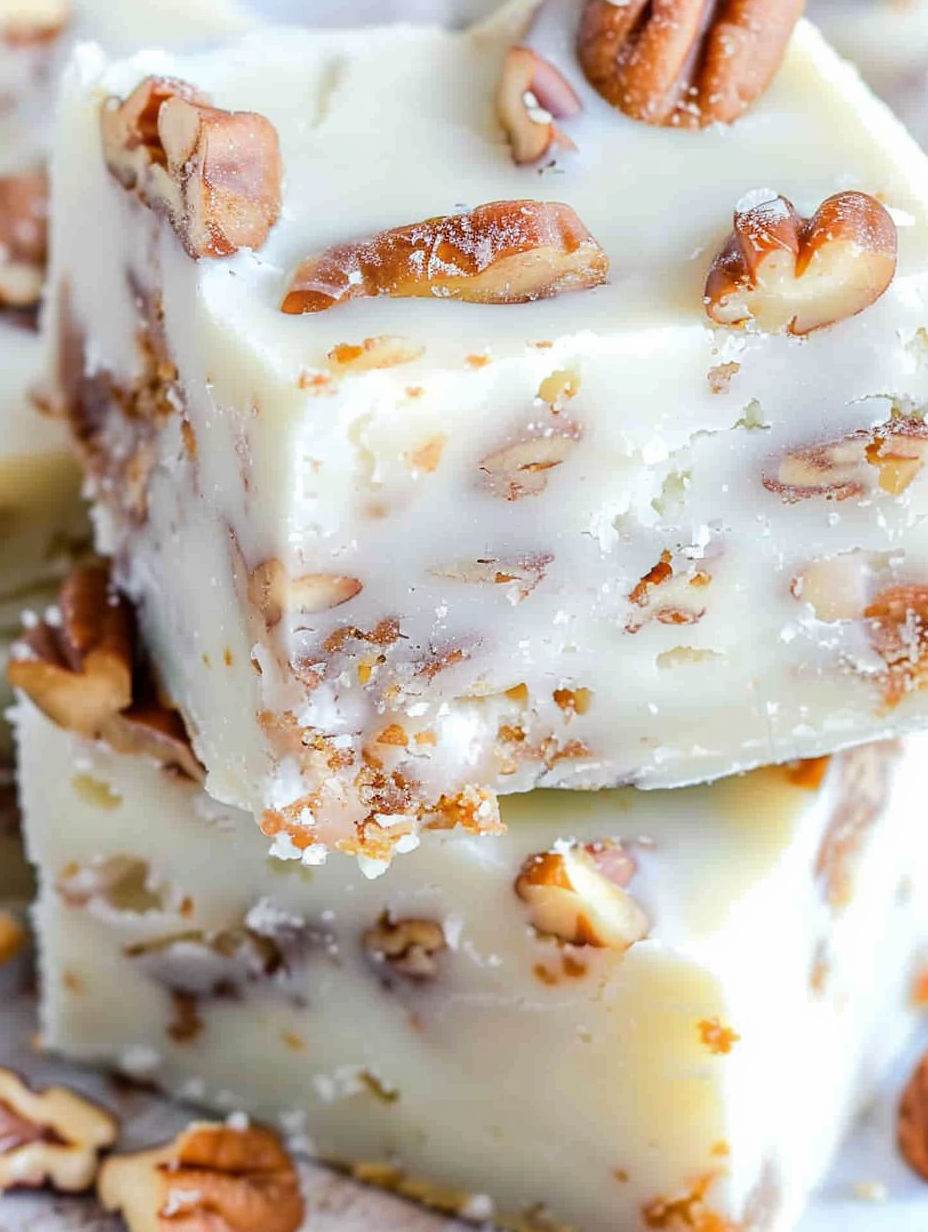 A close up of a piece of candied pecan fudge.