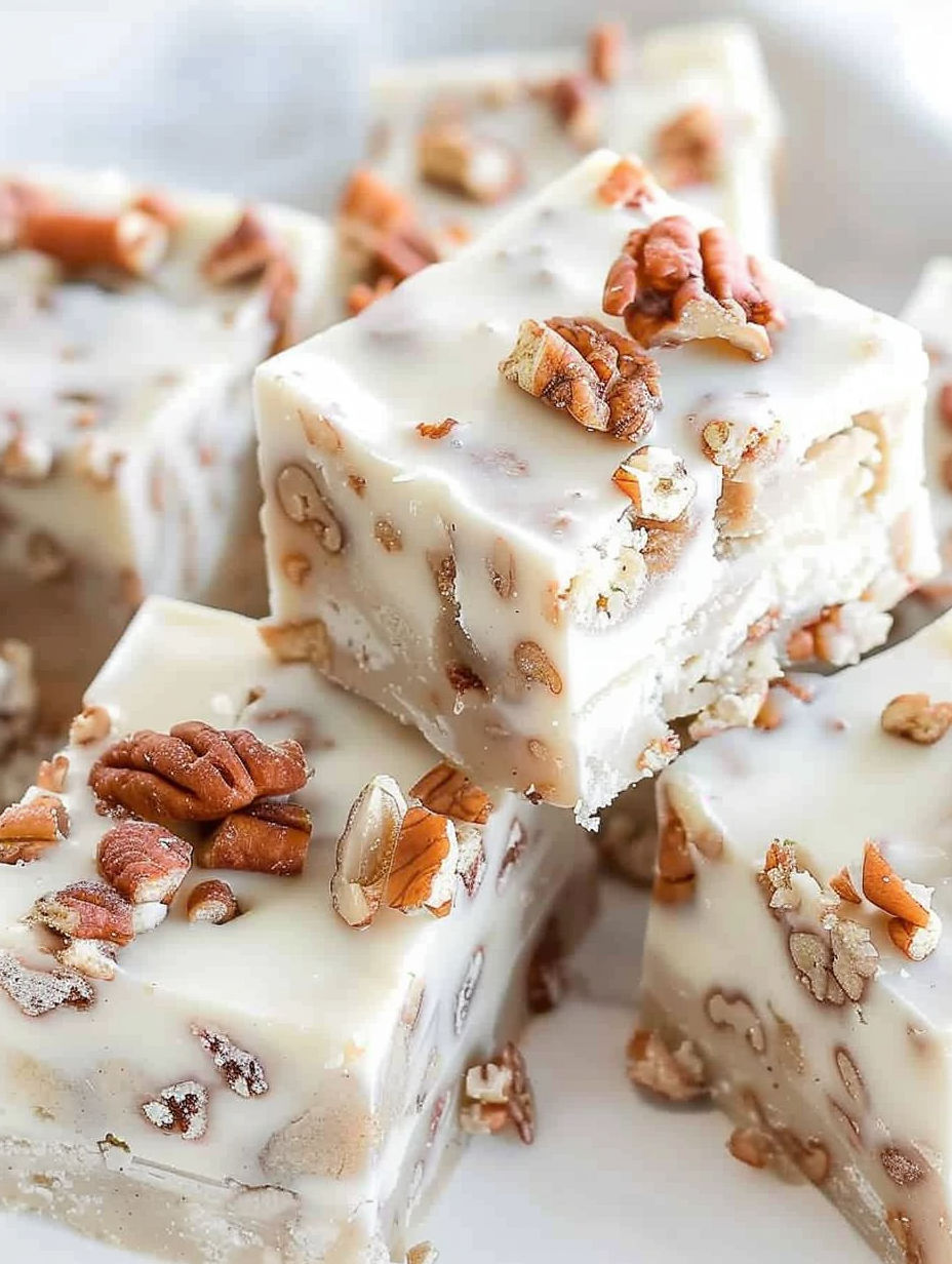 A close up of a piece of candied pecan fudge.