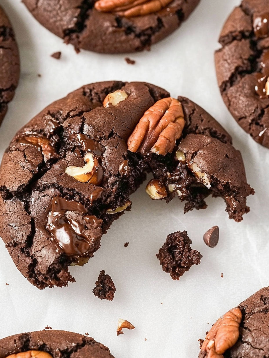A chocolate cake mix cookie with a bite taken out of it.