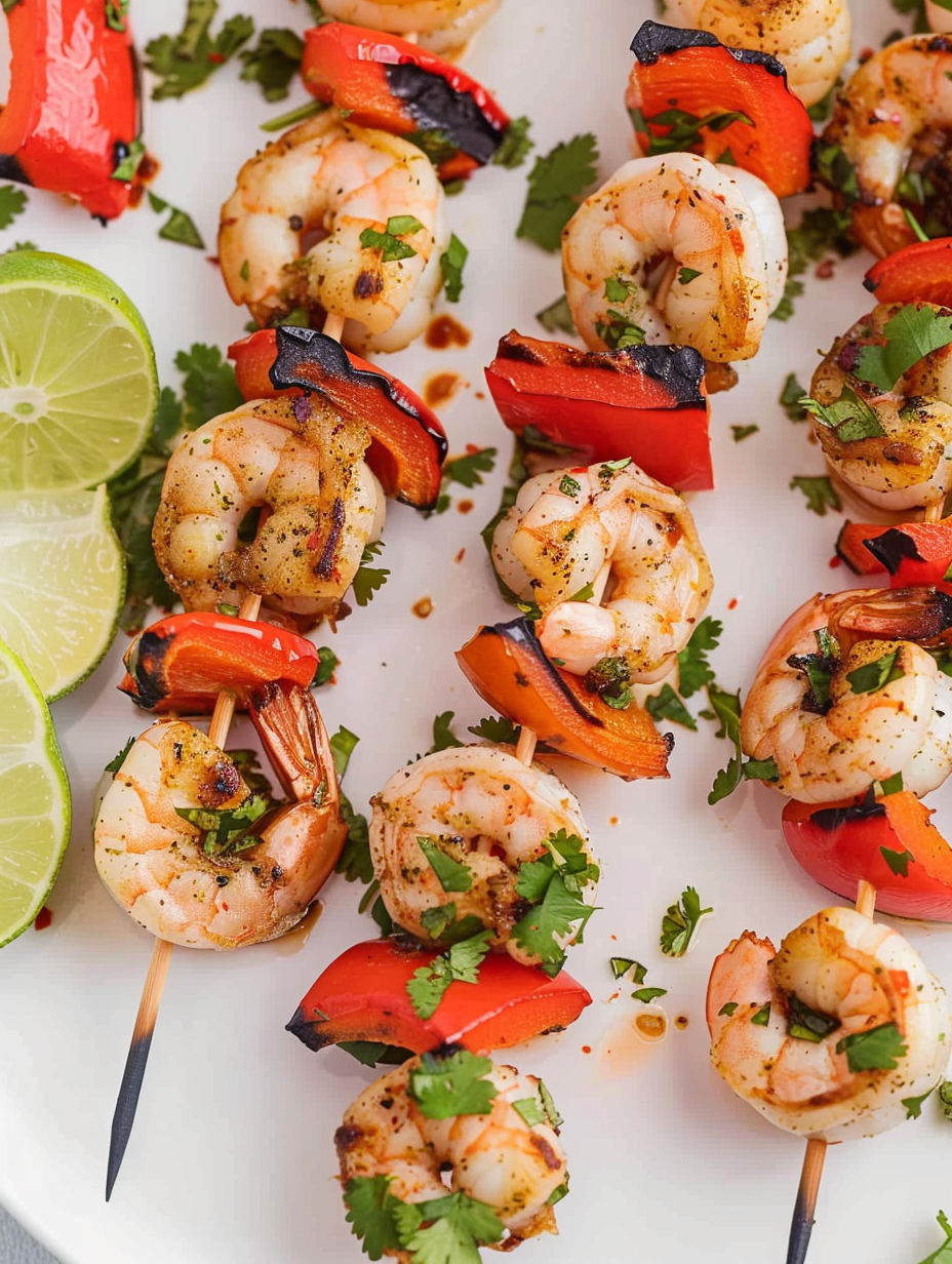 Shrimp skewers with lime wedges.