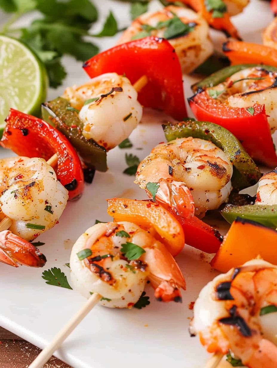 A plate of shrimp skewers with peppers and limes.