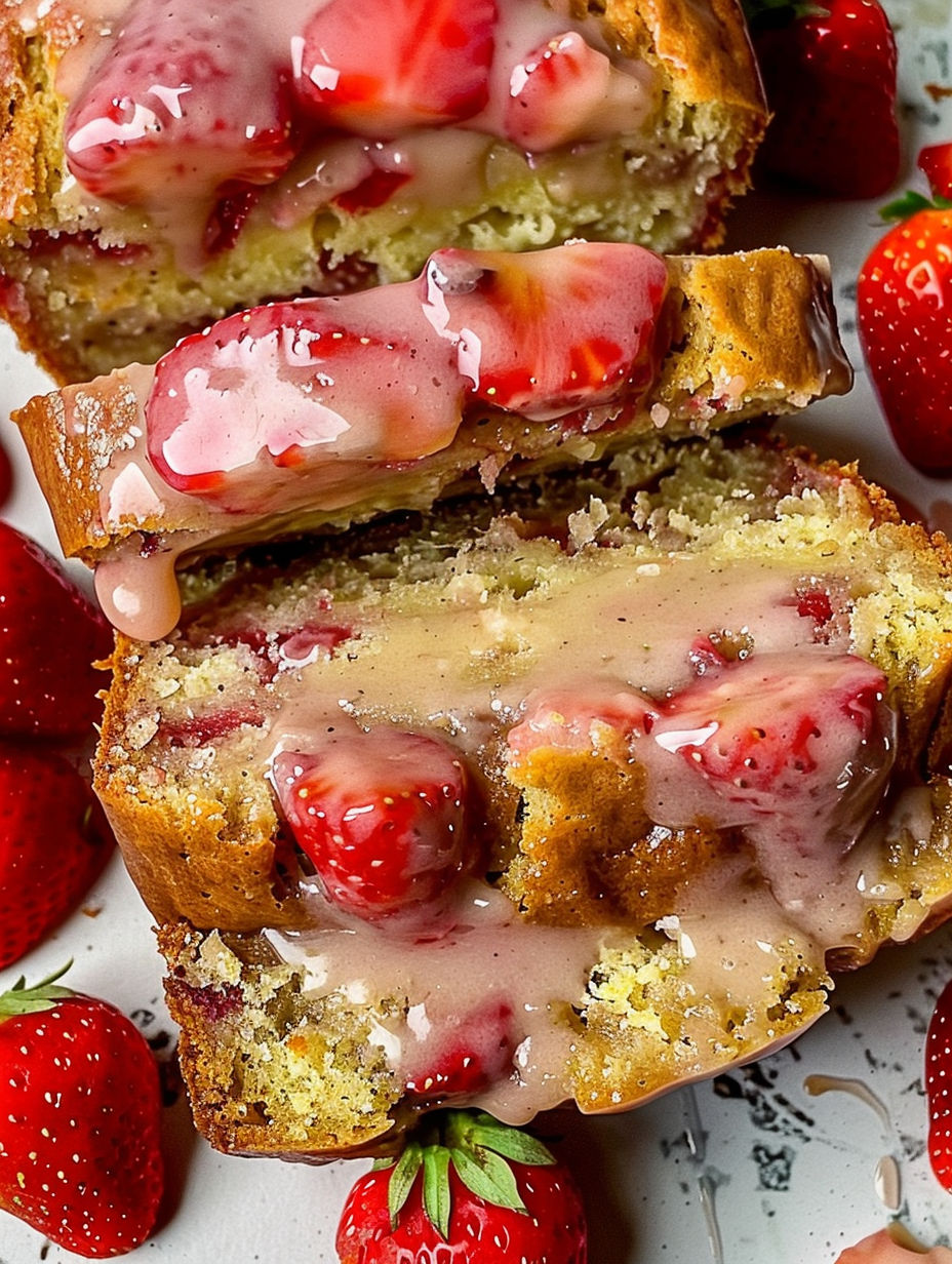 A slice of strawberry banana bread with icing.