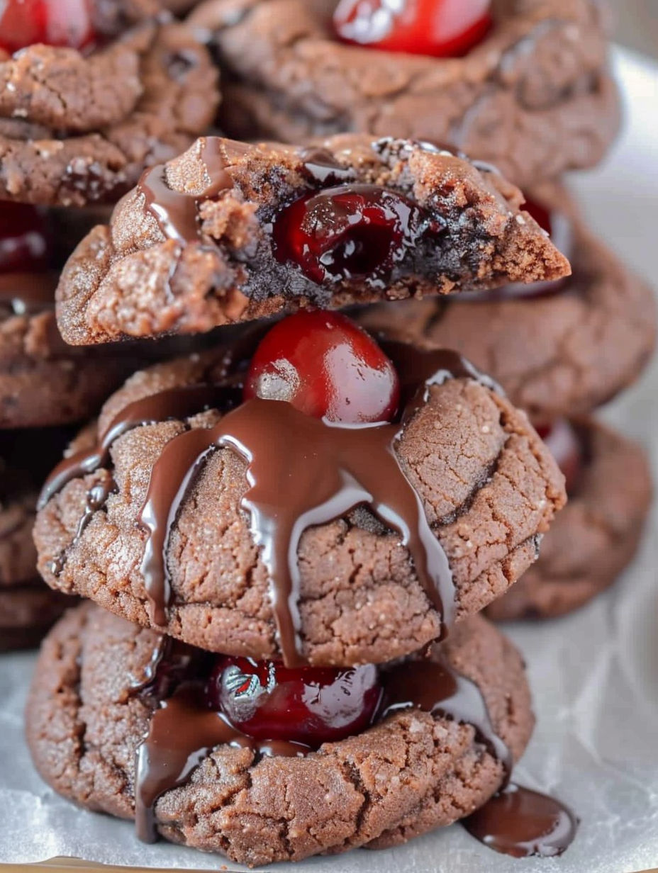 A close up of a chocolate cookie with a cherry on top.