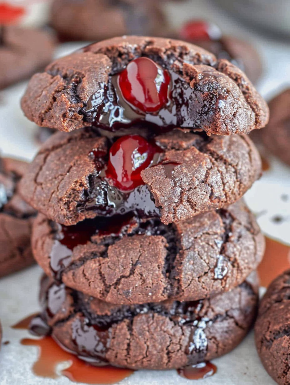 A stack of chocolate cookies with cherries on top.