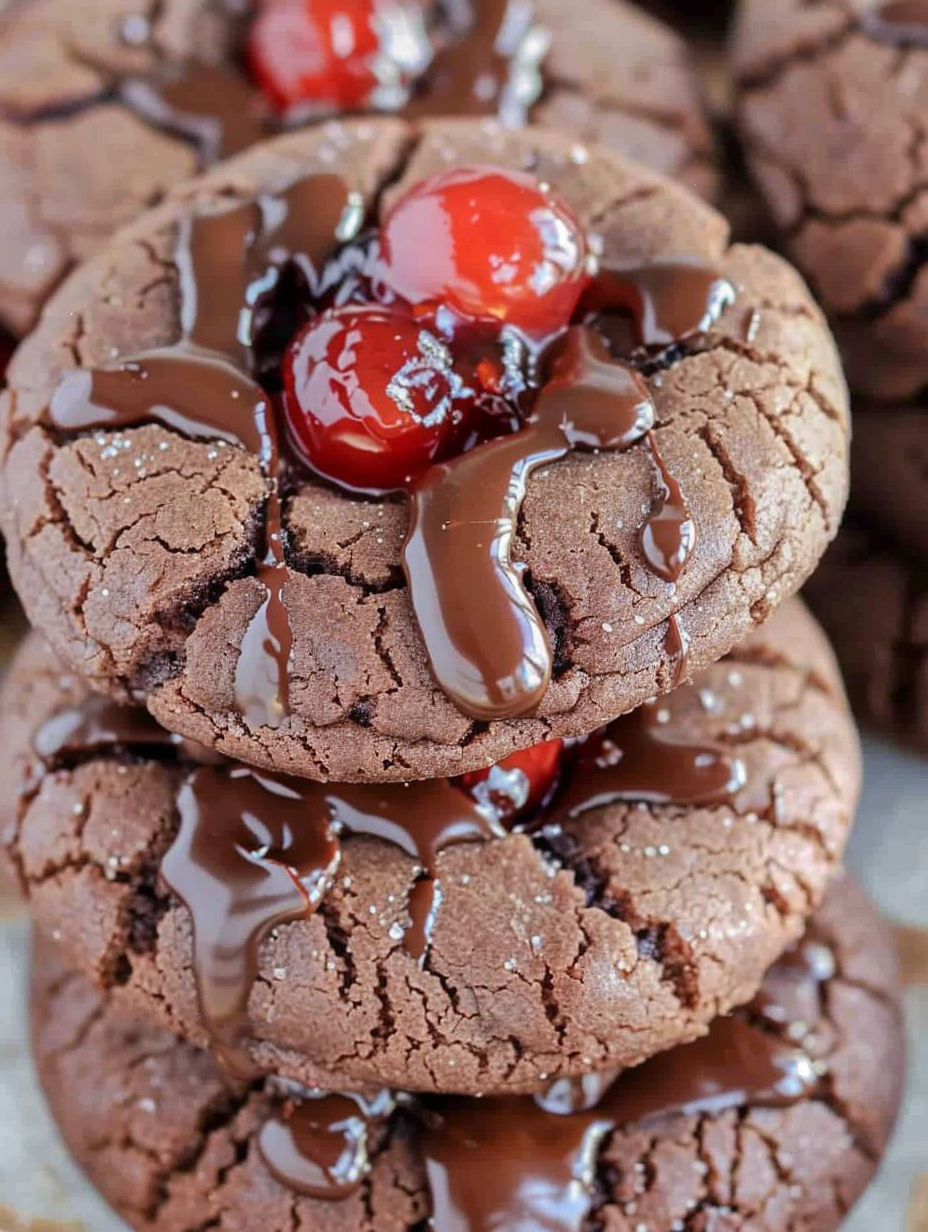 A chocolate cookie with a cherry on top.