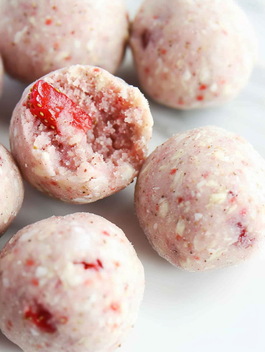 A plate of 3 ingredient strawberry protein balls.