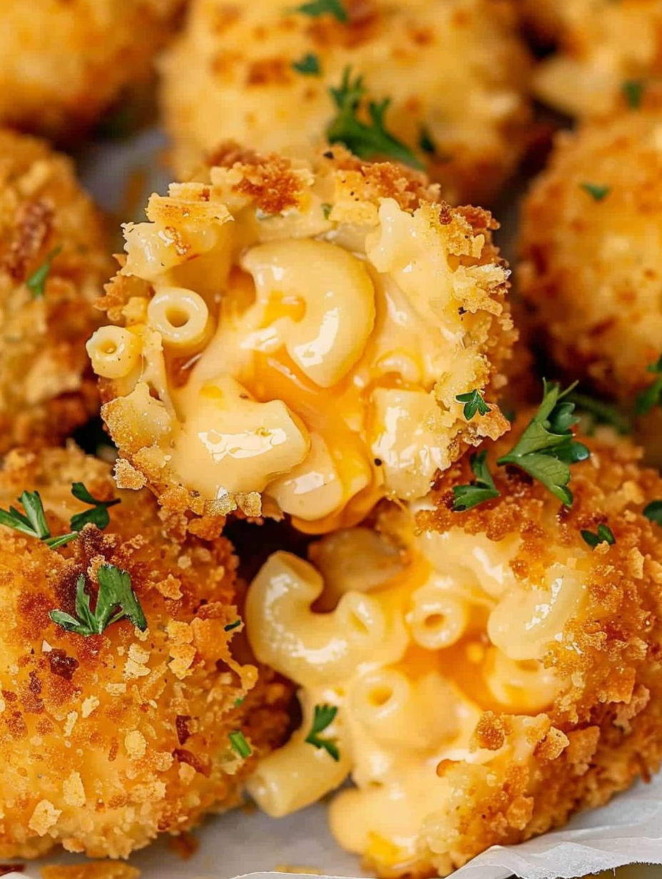 Mac and cheese balls with a bite taken out of them.