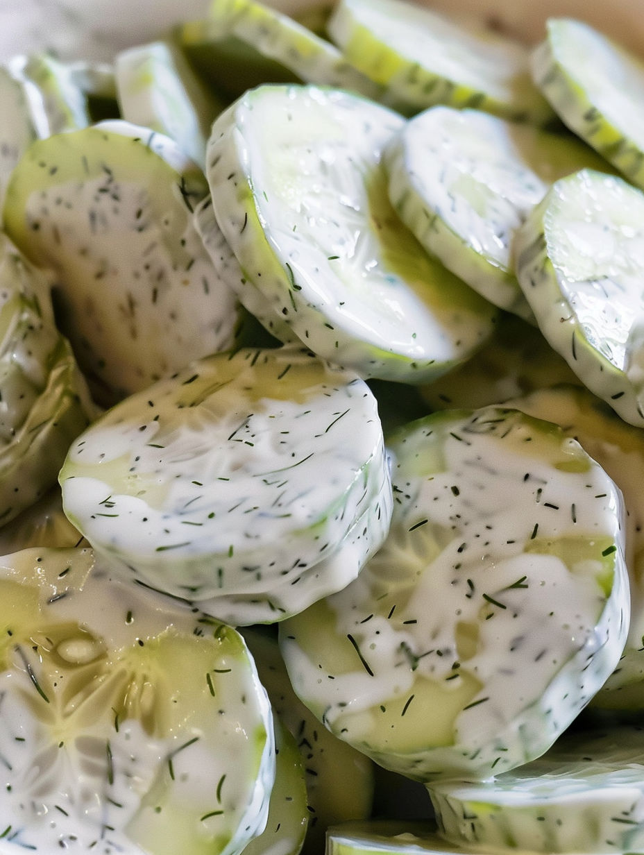 A pile of cucumber slices with a creamy sauce.