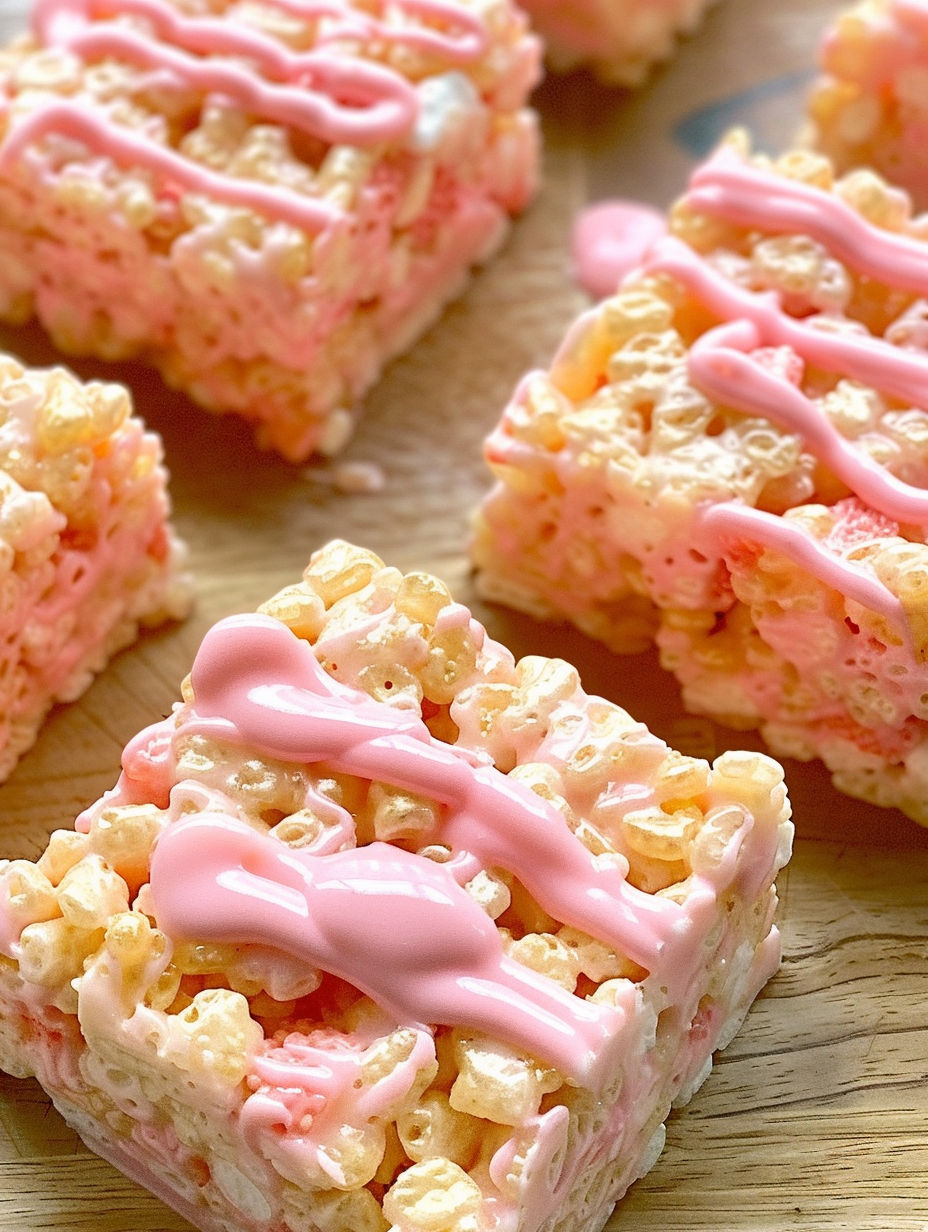 A close up of a pink and white rice krispy treat.