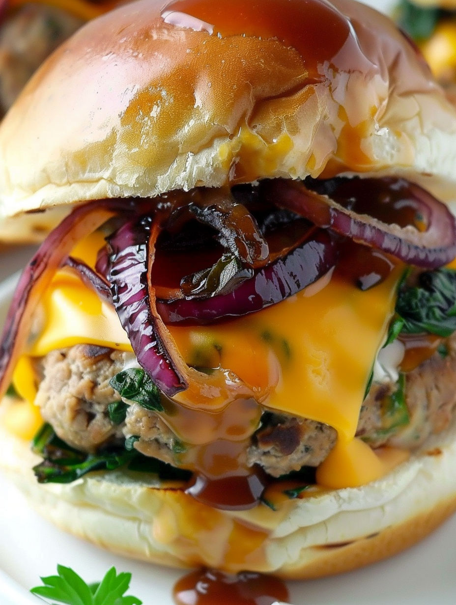 A close up of a delicious double cheddar stuffed BBQ turkey burger.