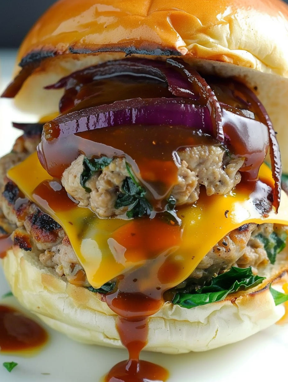 A burger with onions and BBQ sauce.