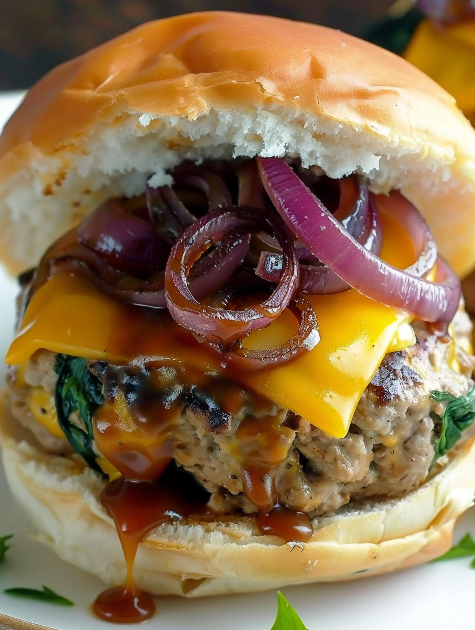 A close up of a hamburger with onions and cheese.