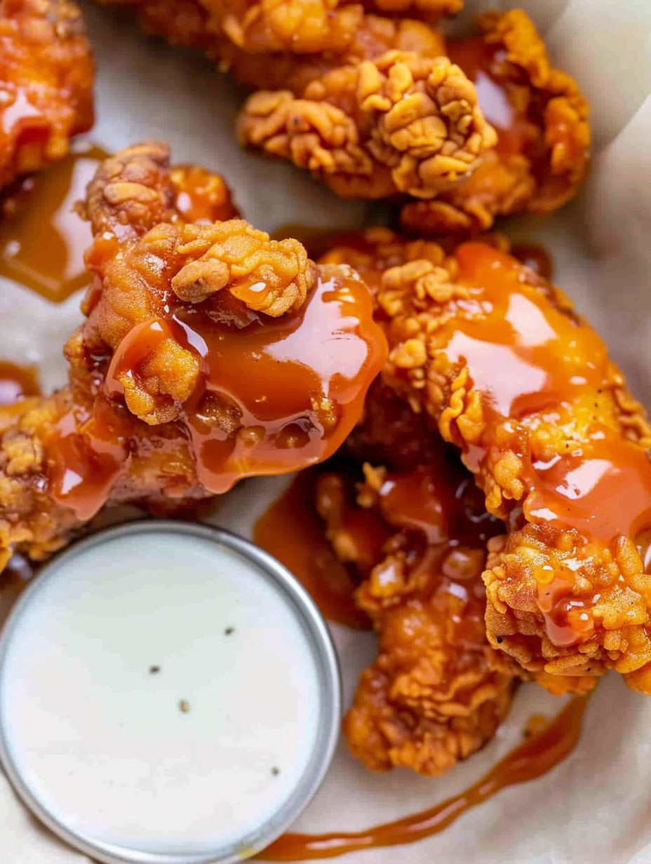 A plate of buffalo chicken tenders with a dipping sauce.