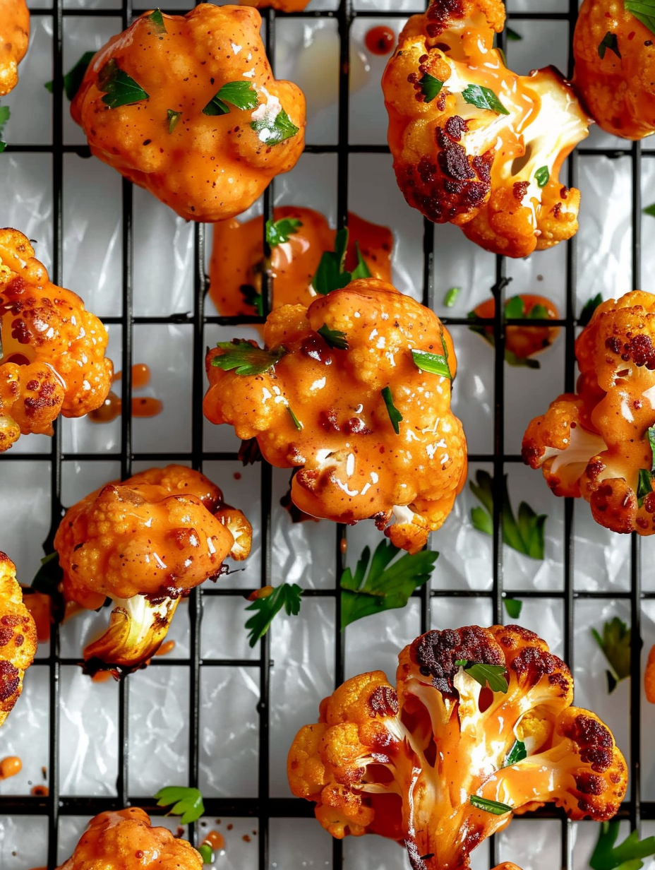 Buffalo Cauliflower Wings on a wire rack.