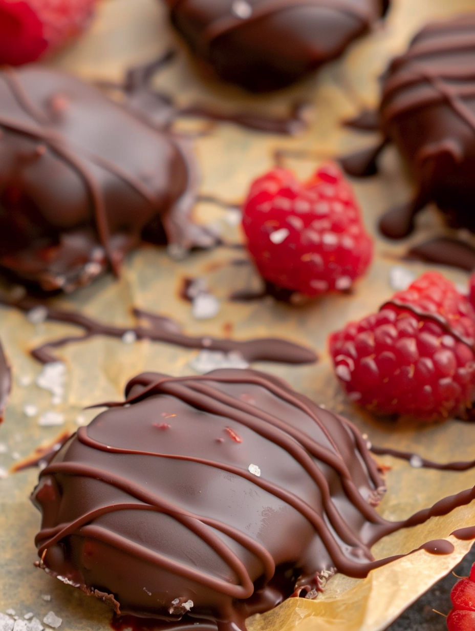 Chocolate and raspberry desserts on a table.