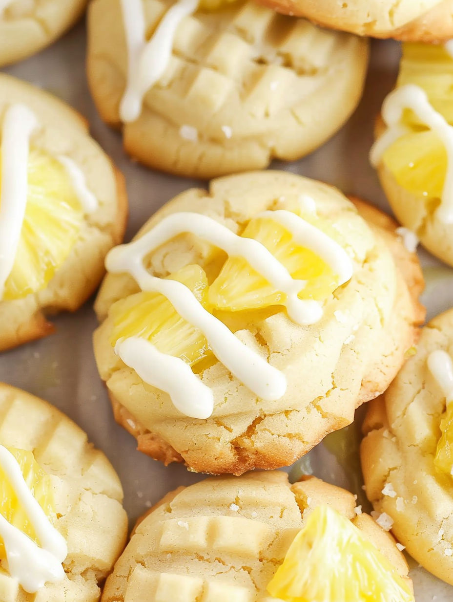 A close up of a cookie with white icing and a slice of pineapple on top.