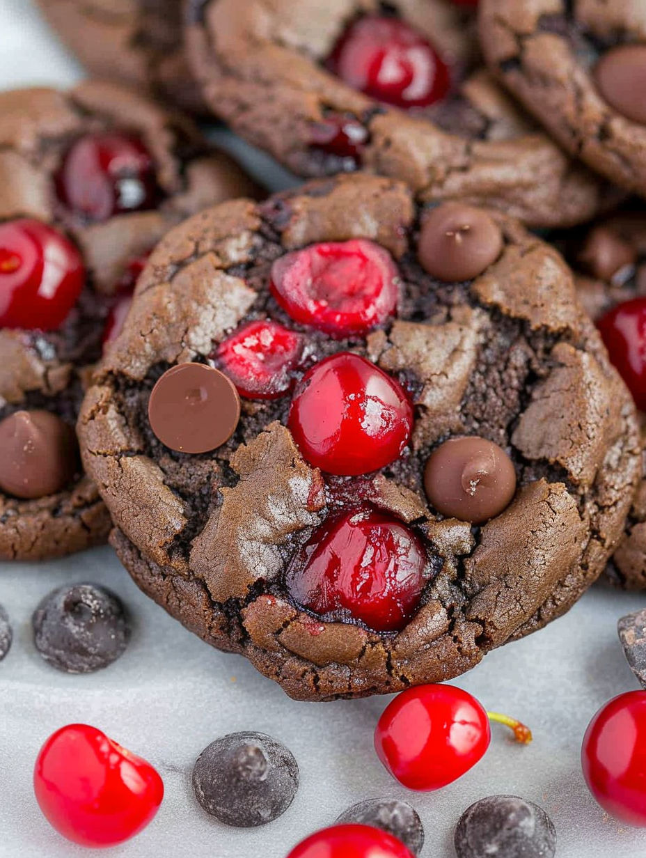 A close up of a black forest cookie with chocolate chips and cherries.