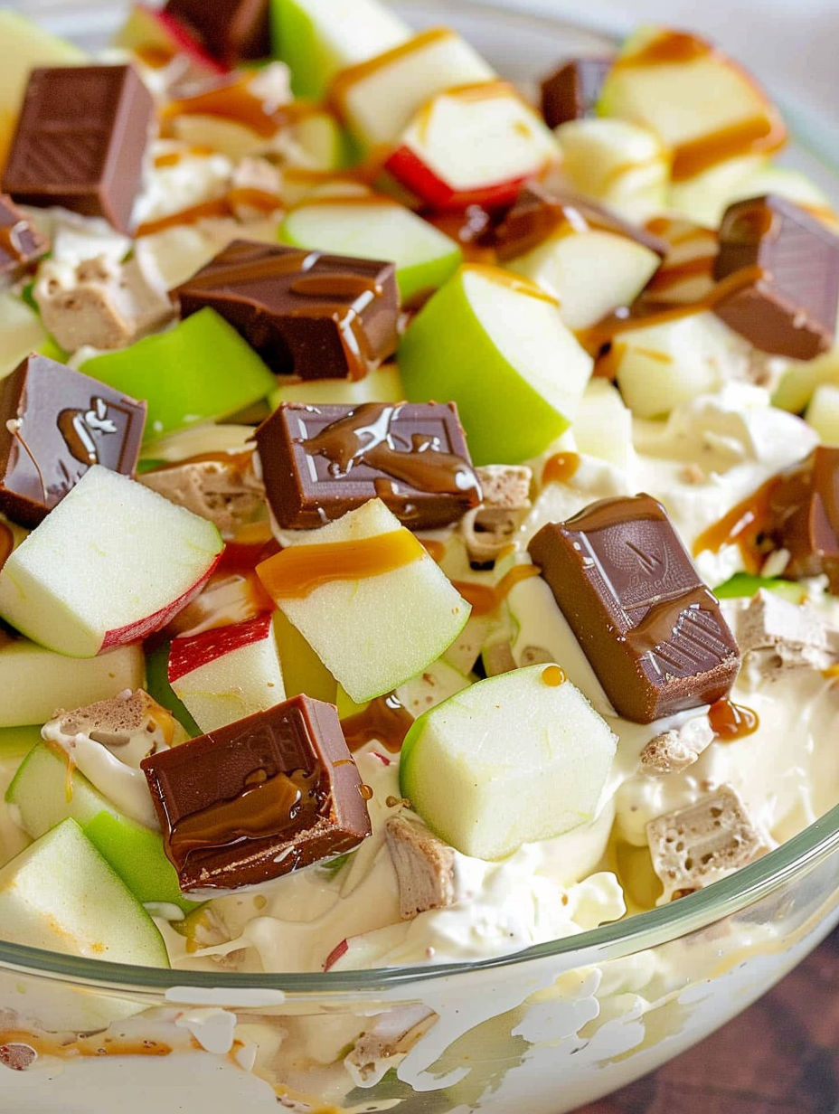 A bowl of Snickers salad with chocolate and caramel sauce.