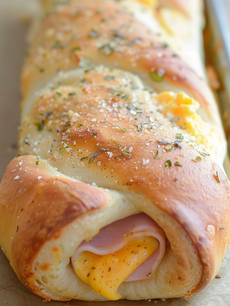 A breakfast roll with ham, egg, and cheese.