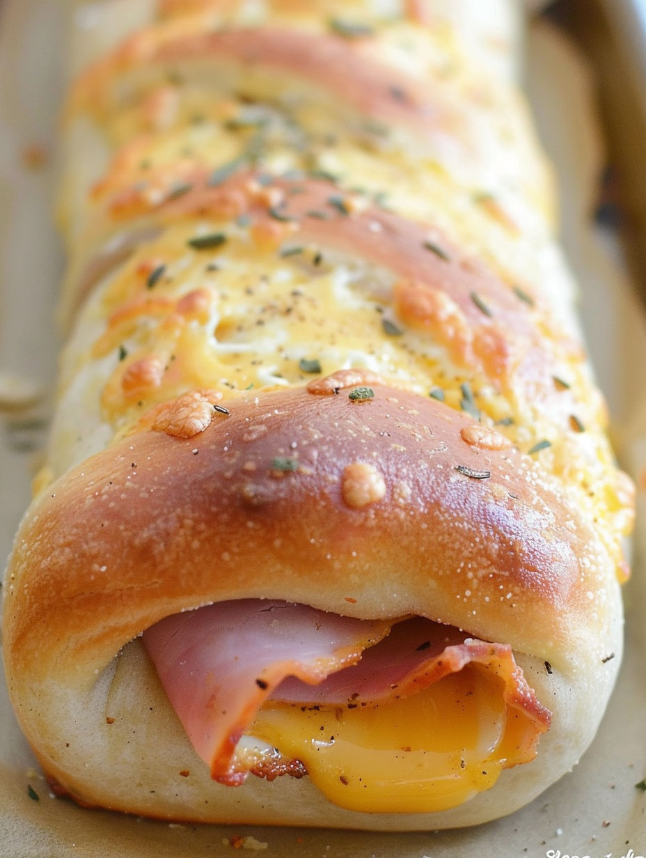 A breakfast roll with ham, egg, and cheese.