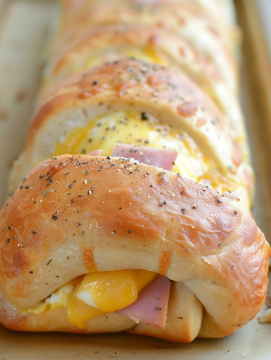 A breakfast sandwich with ham, egg, and cheese.