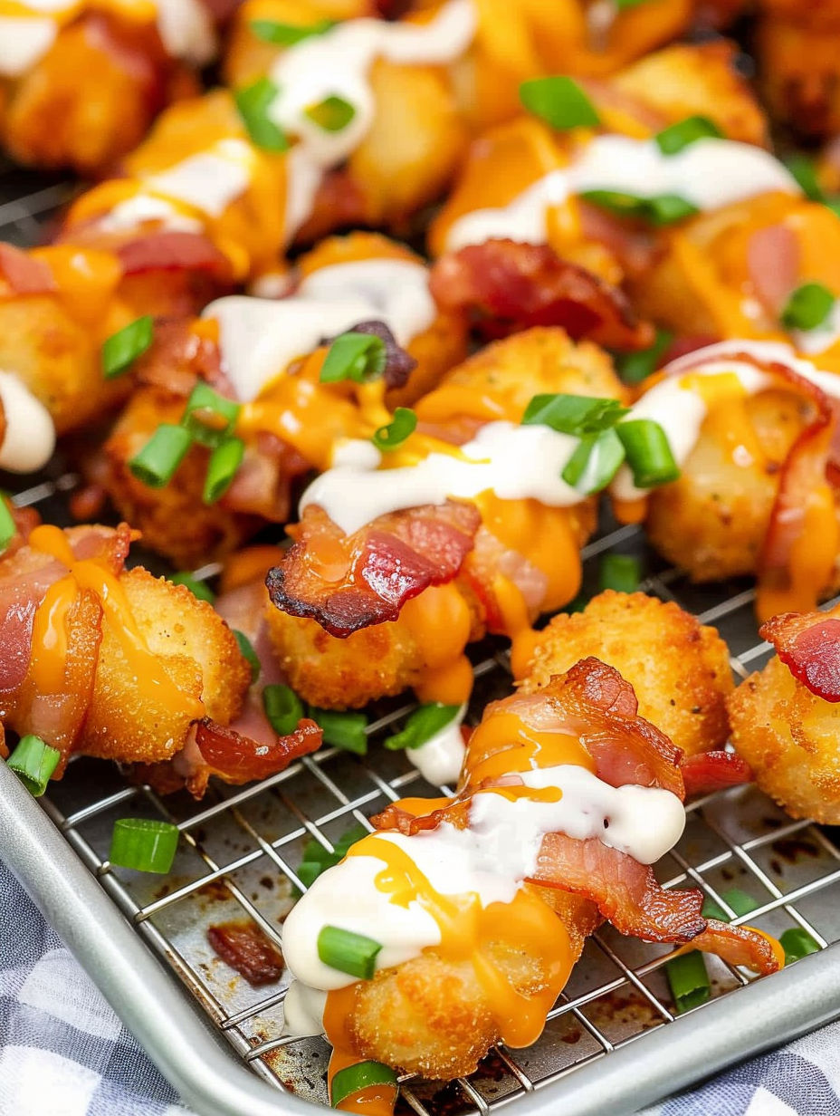 Bacon wrapped tater tots with cheese and ranch dressing.