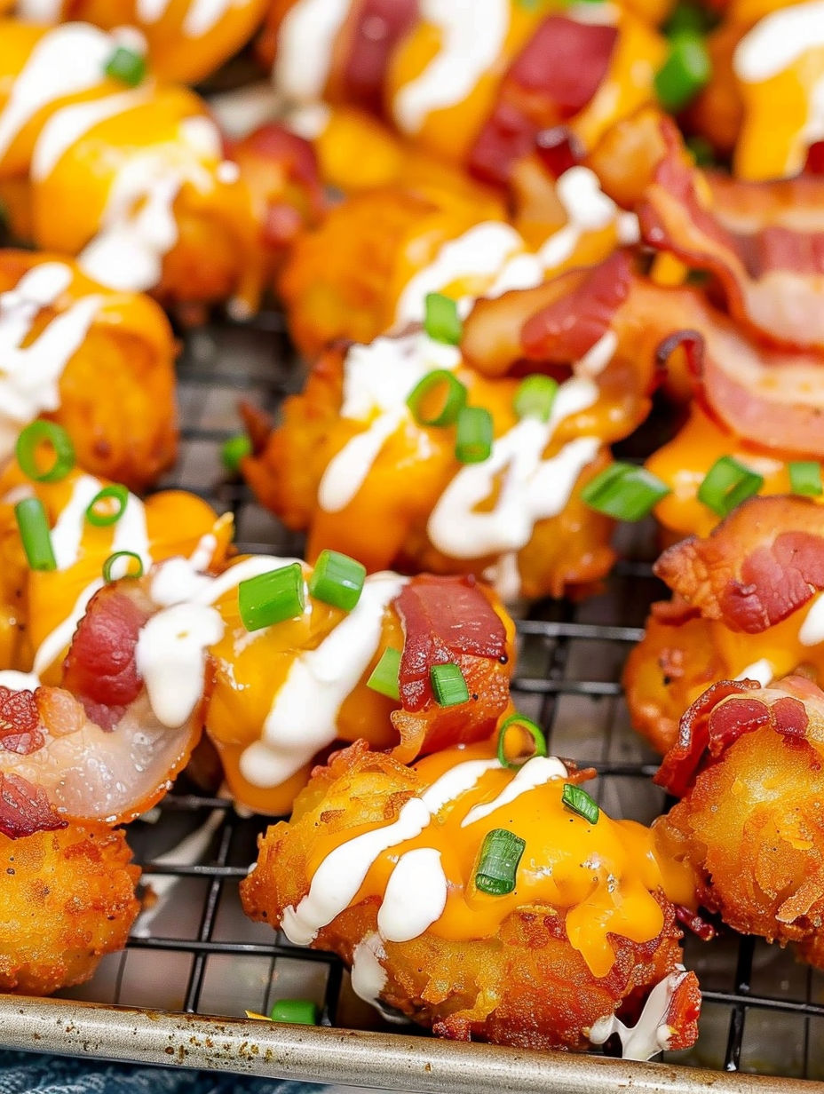 Loaded tater tots with cheese and bacon.