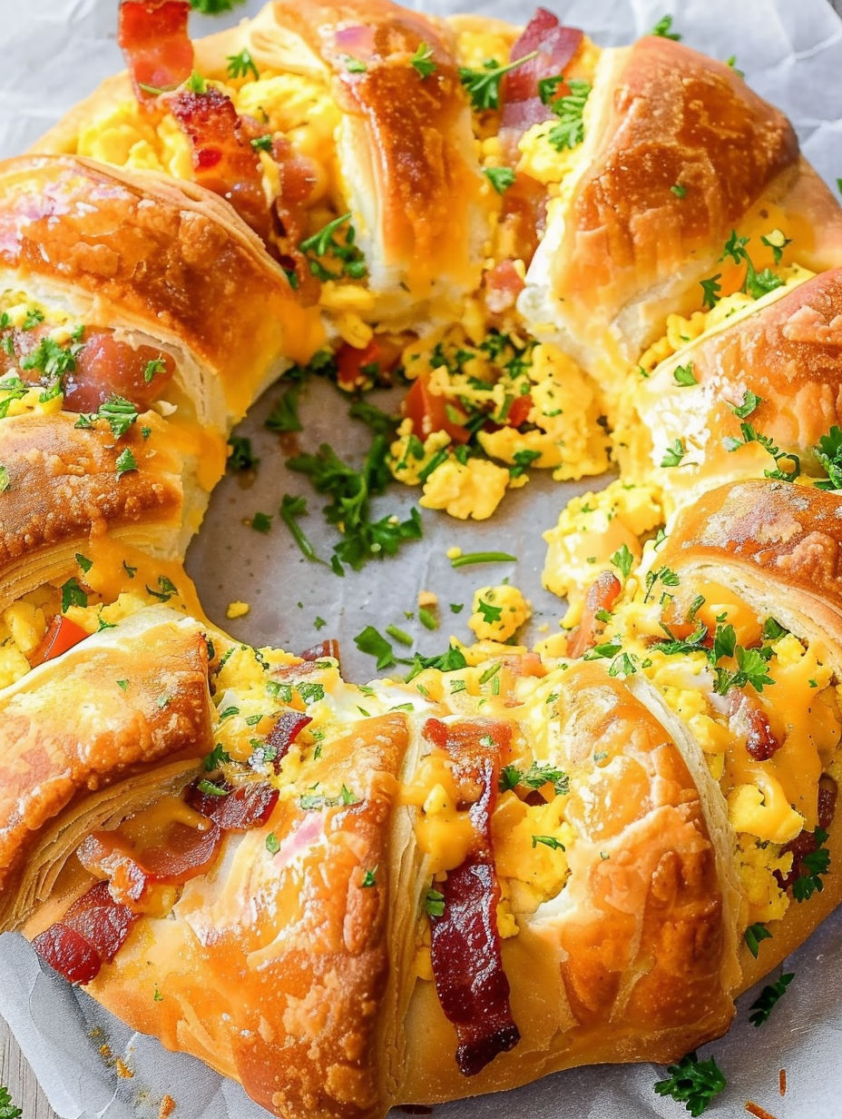 A crescent bacon breakfast ring with cheese and eggs.