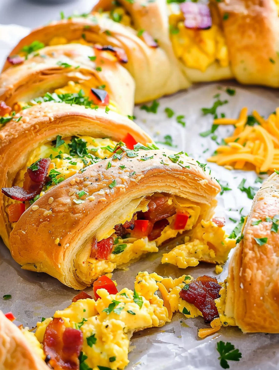 A crescent bacon breakfast ring with eggs and cheese.