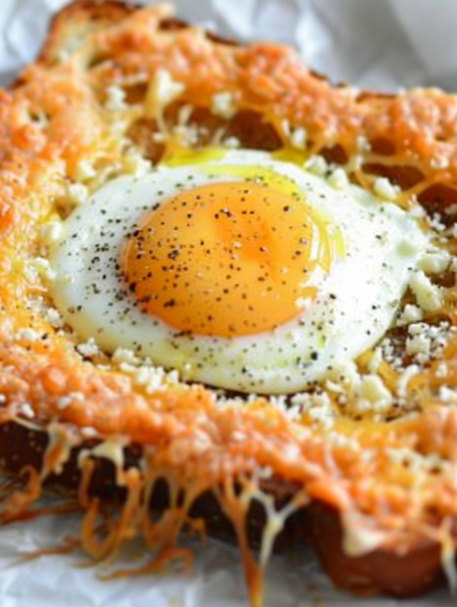 A cheesy baked egg toast.