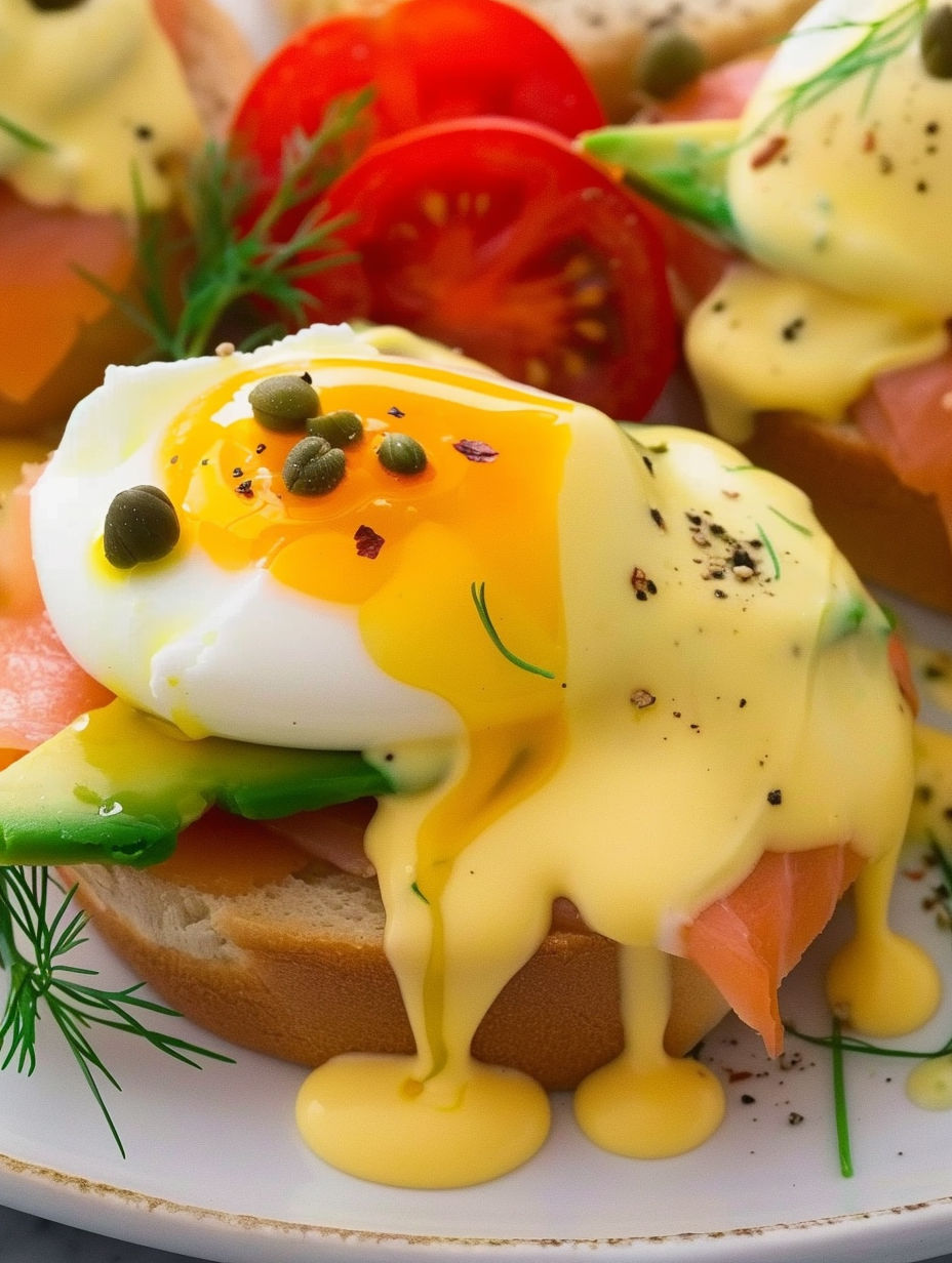 A close up of a delicious smoked salmon eggs benedict.