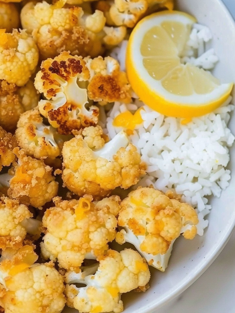 A bowl of cauliflower with lemon wedges on top.
