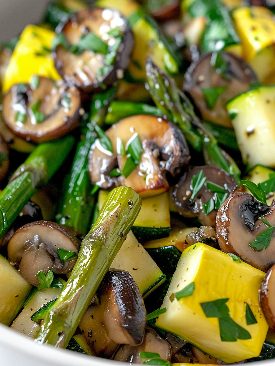 A dish of vegetables including asparagus, zucchini, and squash.