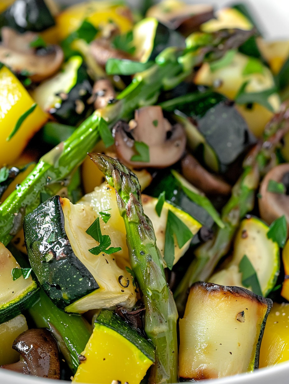 A dish of vegetables including zucchini, squash, and asparagus.