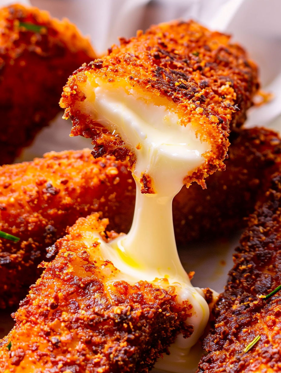 A Nashville Hot Mozzarella Stick with melted cheese dripping off.