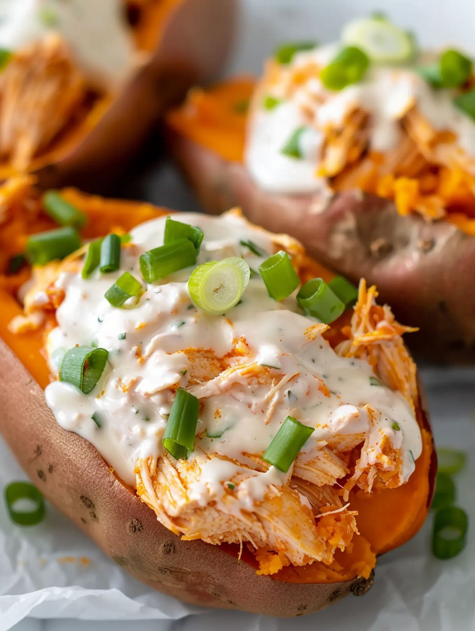 A close up of a stuffed sweet potato with buffalo chicken and ranch.