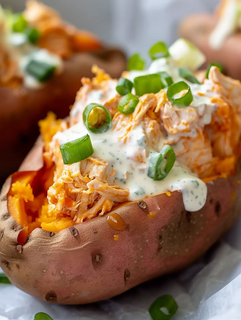 A close up of a stuffed sweet potato with buffalo chicken and ranch.