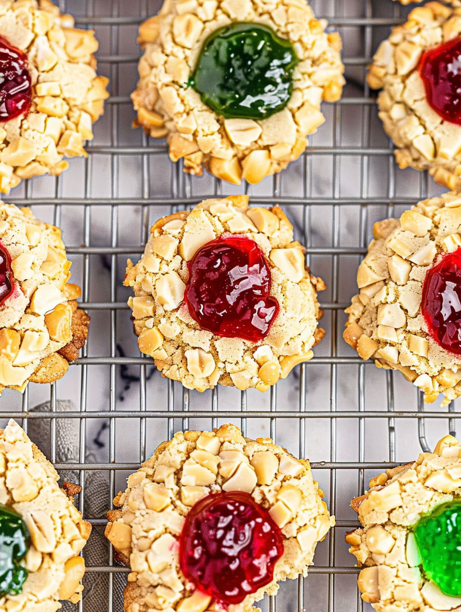 A tray of thumbprint cookies with jelly in the center.